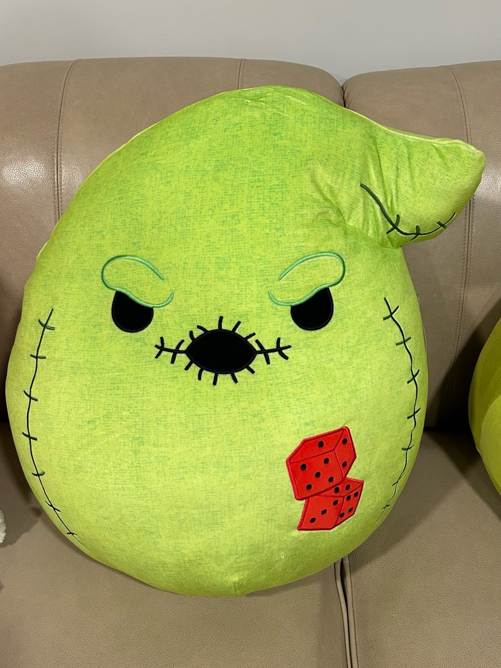 Squishmallows Lime Green Plush Pillow with Red Dice Patch